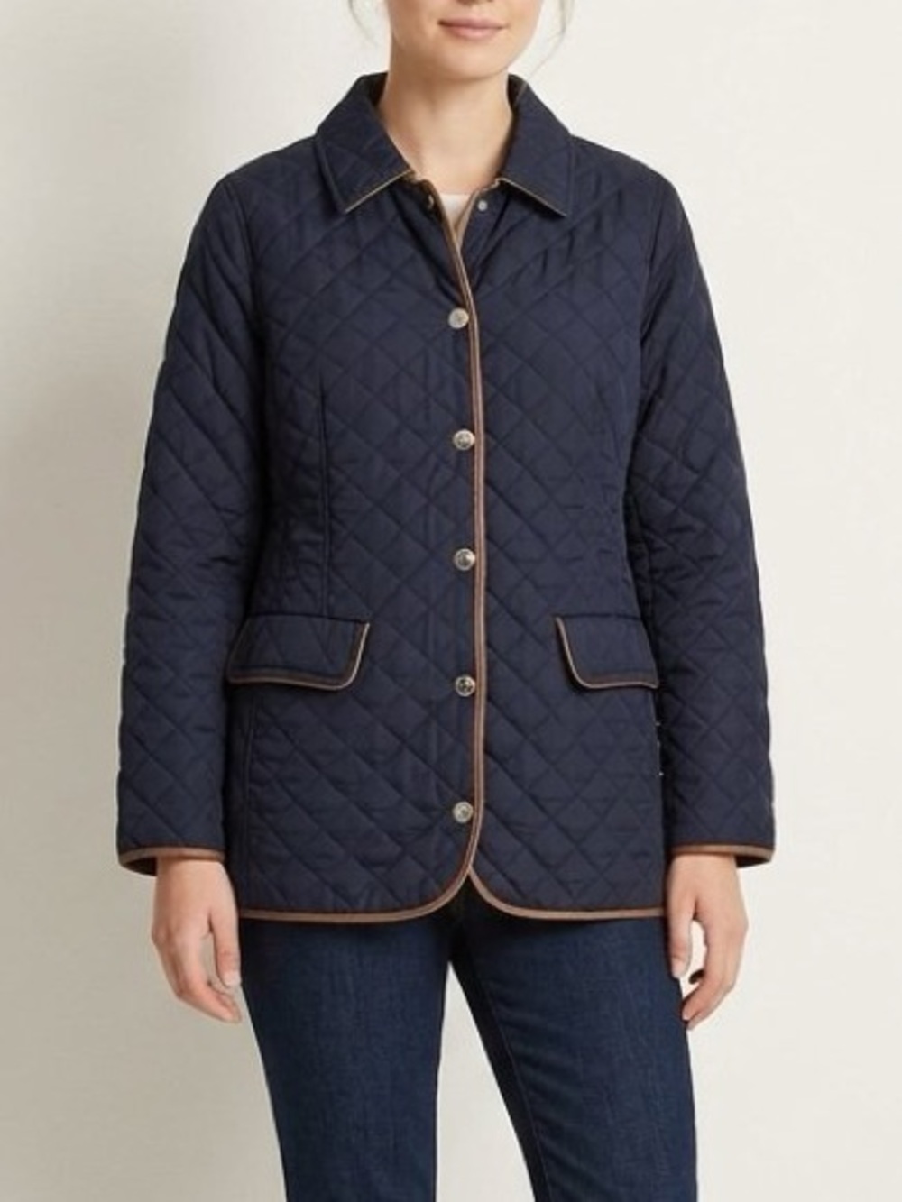 Chico's Size 3 XL Navy Blue Quilted Jacket Faux Leather Trim Snap Buttons